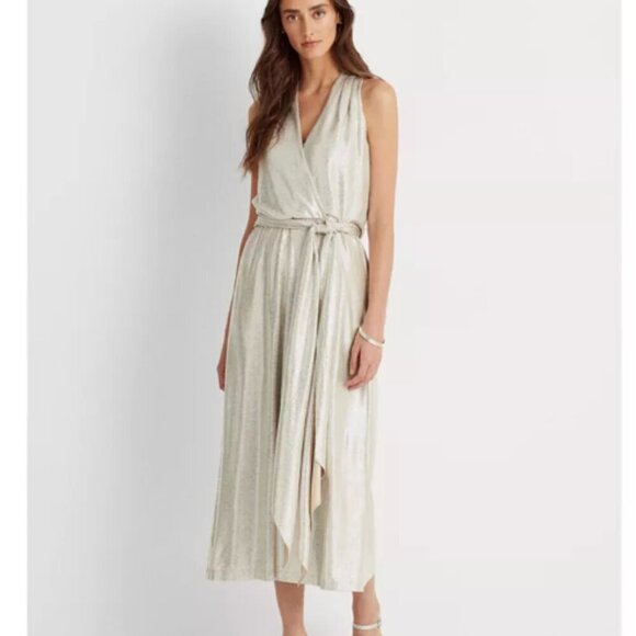 Lauren Ralph Lauren Metallic Shine Print Halter Dress Size 10 - Picture 1 of 10